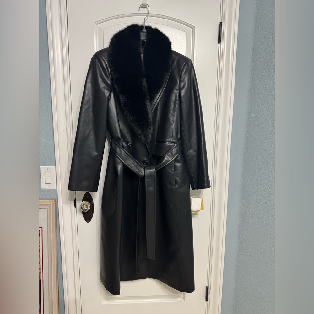 Michael Kors Black Trench Coat with Faux Fur Collar